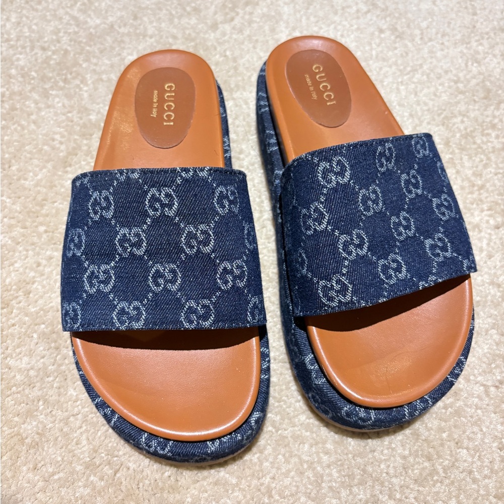 Copy Gucci Blue Monogram Slides